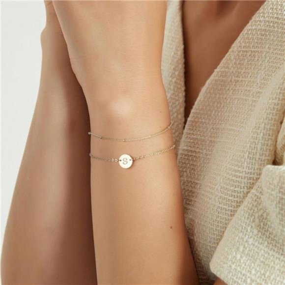 Gold Initial Bracelets for Women Girls, Dainty 14K Gold Filled Layered Beaded - Picture 2 of 6